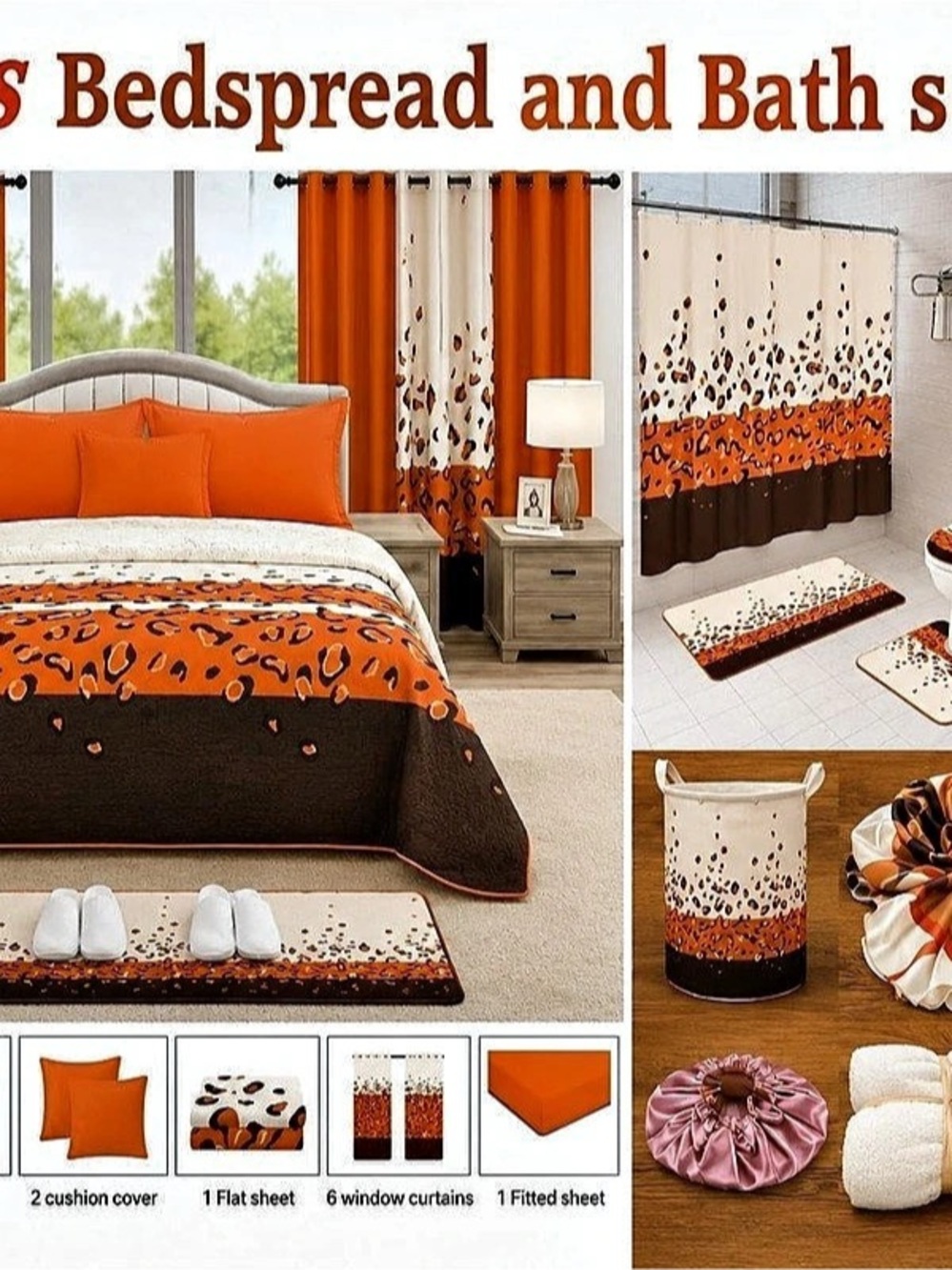 PAPAHIYUO 25-Piece Bedspread and Bath Set Orange & Brown Animal Print Bedding